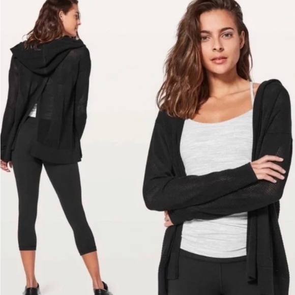 lululemon athletica Sweaters - Lululemon Still Movement Wrap Sweater Black Slit Open Back Knit Hoodie Sz M